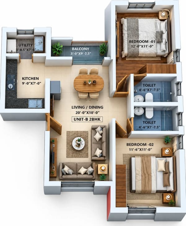 2 BHK Apartment floor plan — Maliban Pride