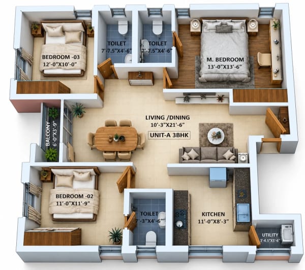 3 BHK Apartment floor plan — Maliban Pride