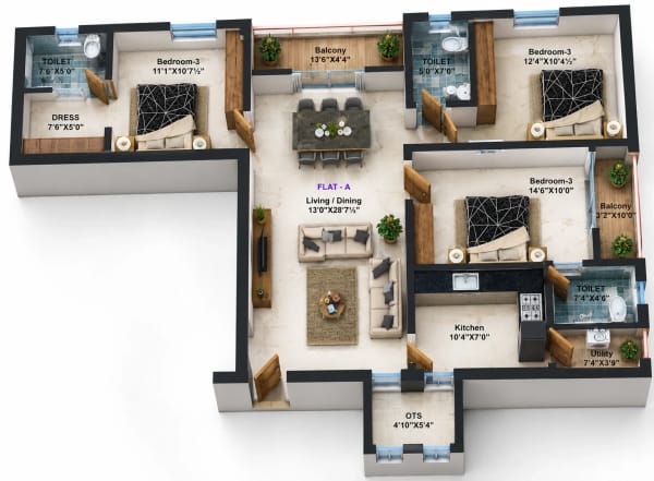 3 BHK Apartment floor plan — Avinya Spectra