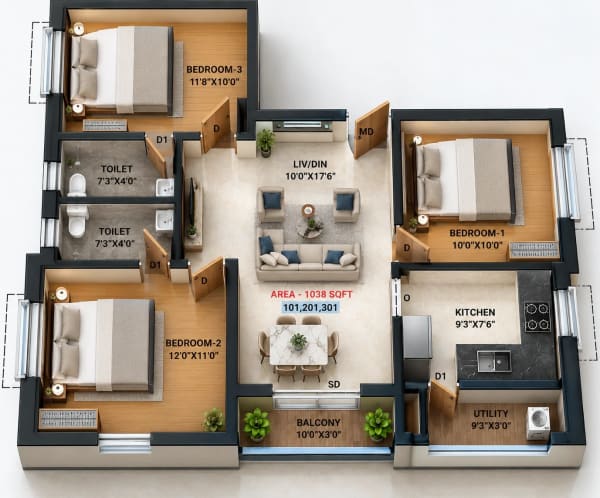 3 BHK Apartment floor plan — Rohaan Rose Garden