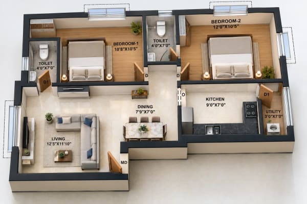 2 BHK Apartment floor plan — Rohaan Rose Garden