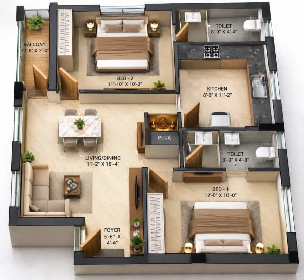 2 BHK Apartment floor plan — Beavers Sundara Vilas