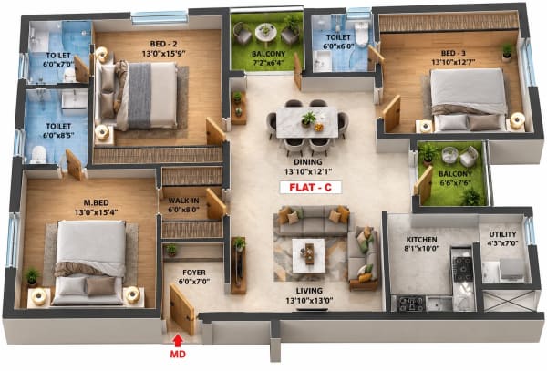 3 BHK Apartment floor plan — Swathi Tara