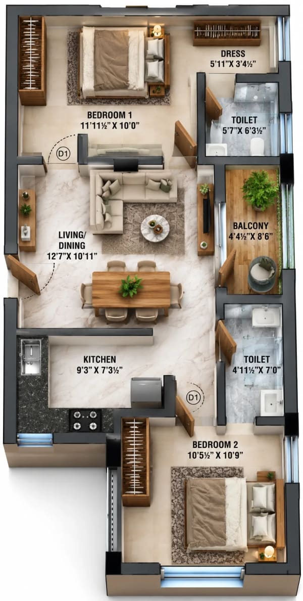 2 BHK Apartment floor plan — ARC Vivenza