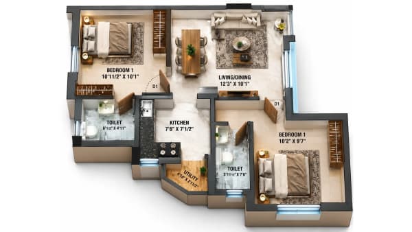 2 BHK Apartment floor plan — ARC Vivenza