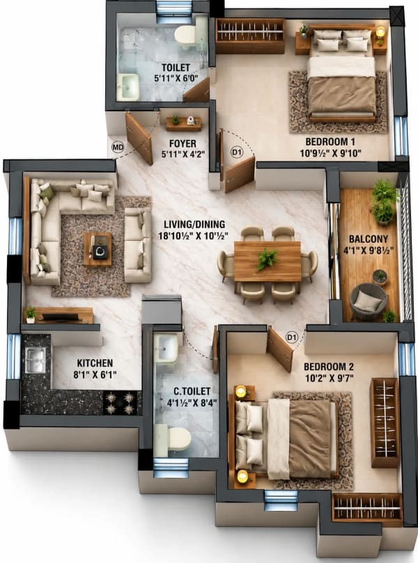 2 BHK Apartment floor plan — ARC Vivenza