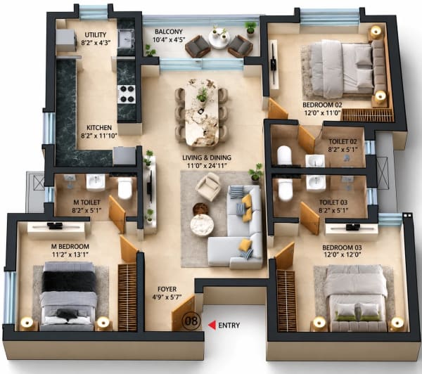 3 BHK Apartment floor plan — Cullinan