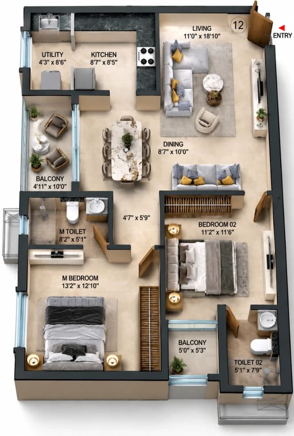 2 BHK Apartment floor plan — Cullinan
