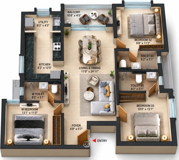 3 BHK Apartment floor plan — Cullinan