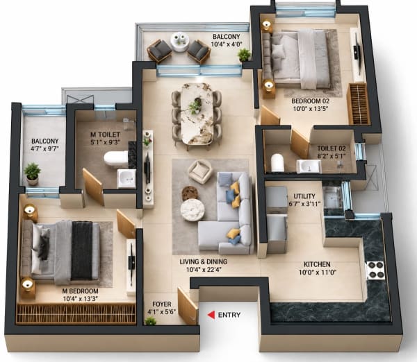 2 BHK Apartment floor plan — Cullinan