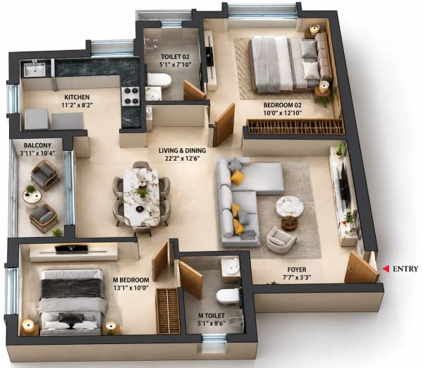 2 BHK Apartment floor plan — Cullinan