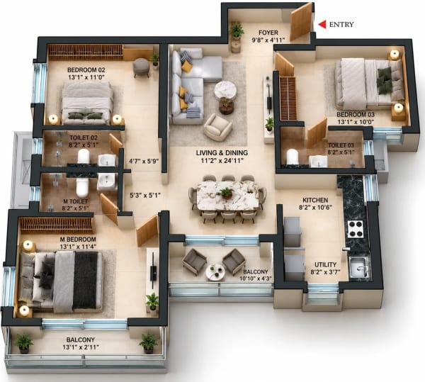 3 BHK Apartment floor plan — Cullinan