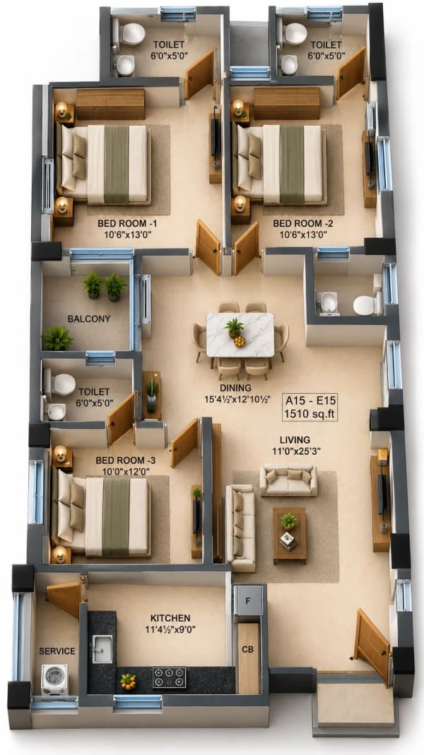 3 BHK Apartment floor plan — Nest Unique