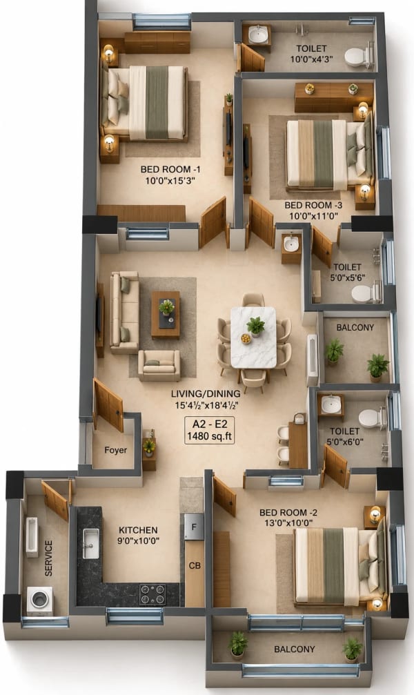 3 BHK Apartment floor plan — Nest Unique