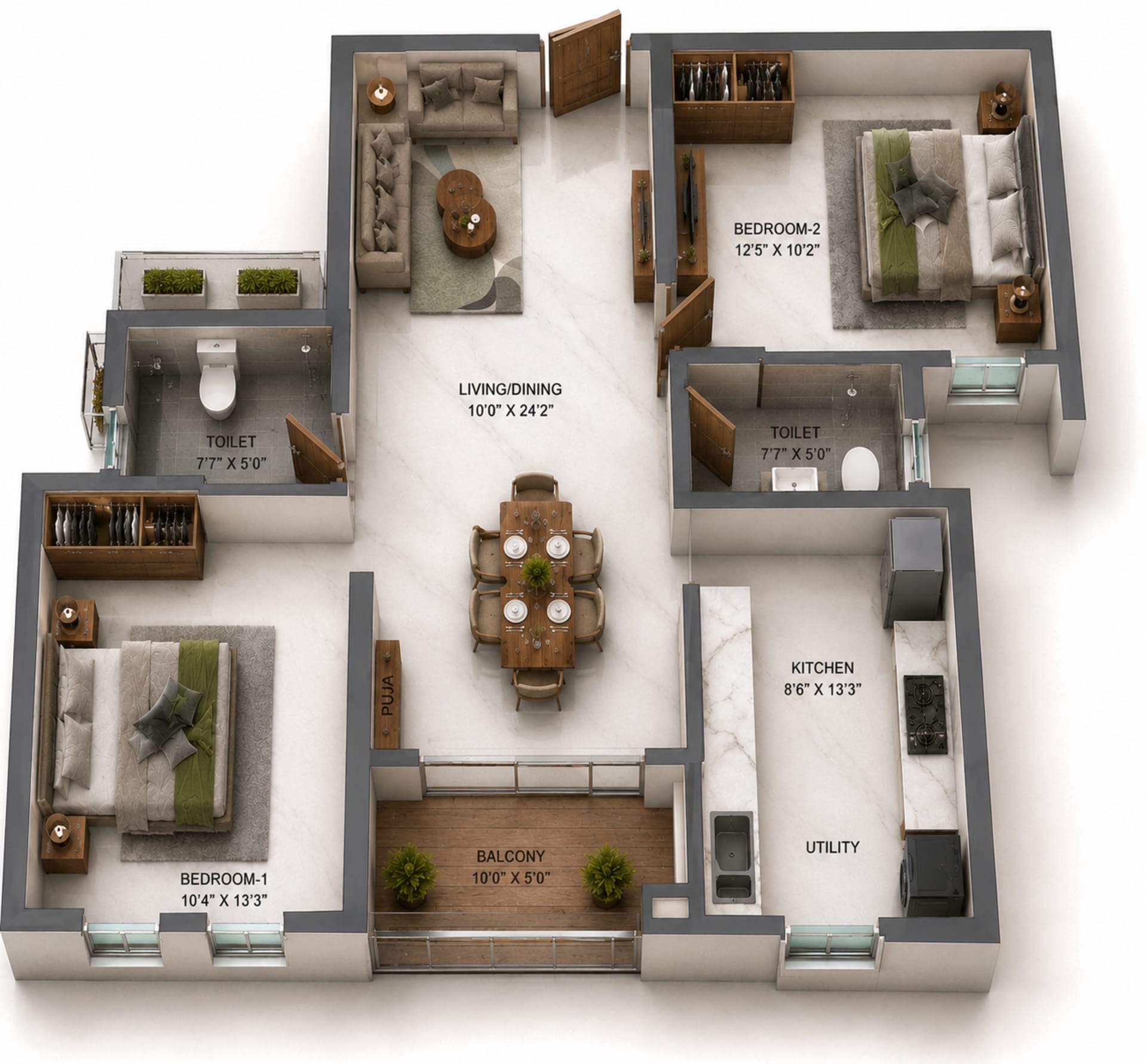 2 BHK Apartment Floor Plan – TVS Emerald Verde Vista