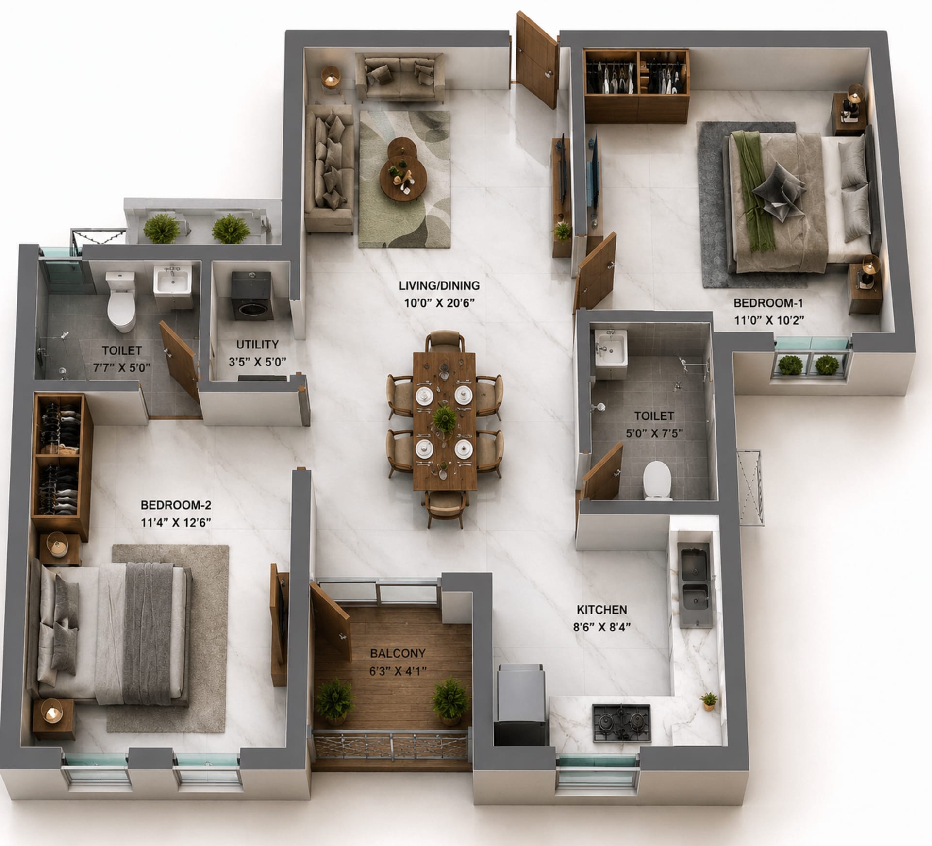 2 BHK Apartment Floor Plan – TVS Emerald Verde Vista