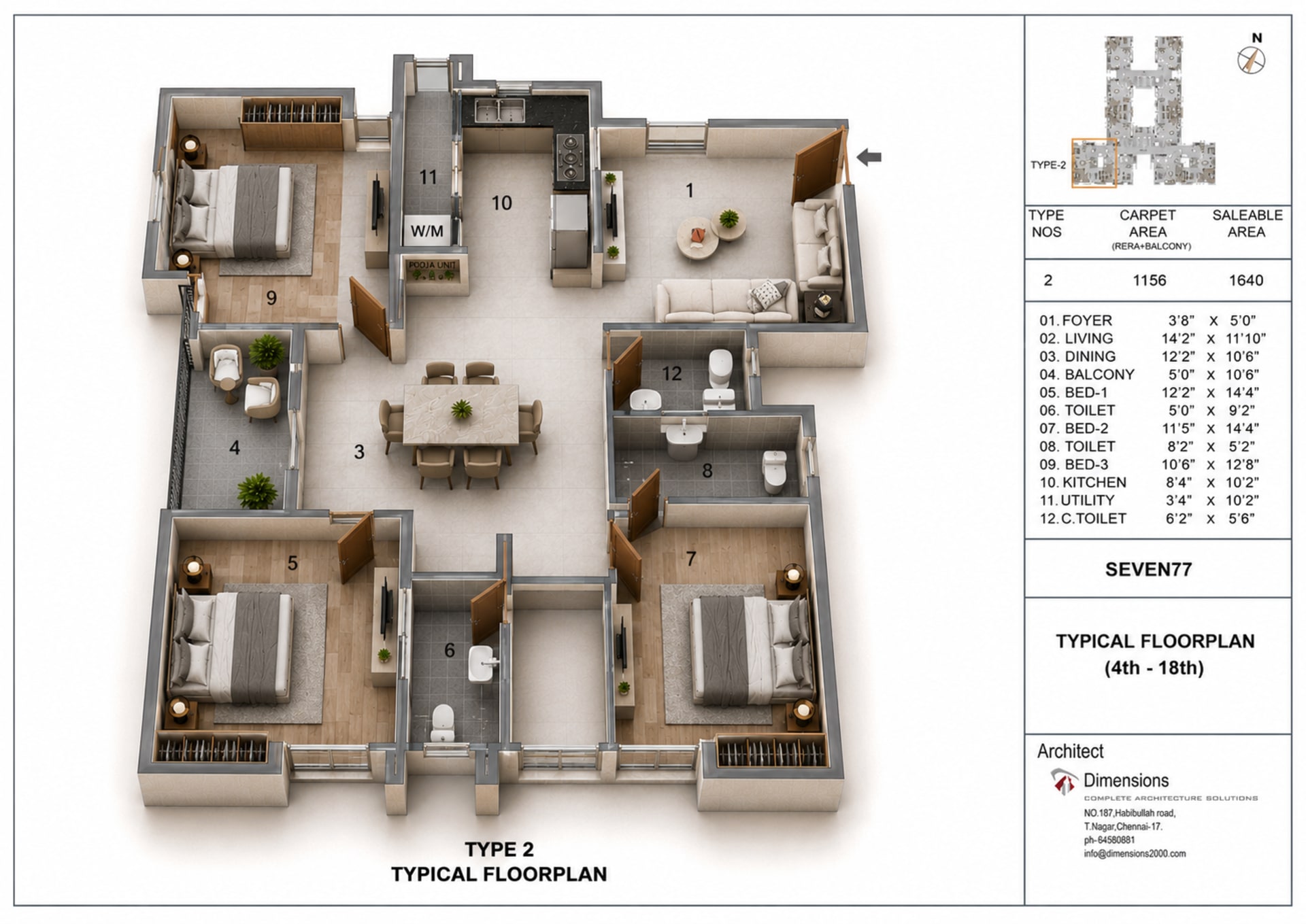 3 BHK Apartment Floor Plan – Jains Seven 77