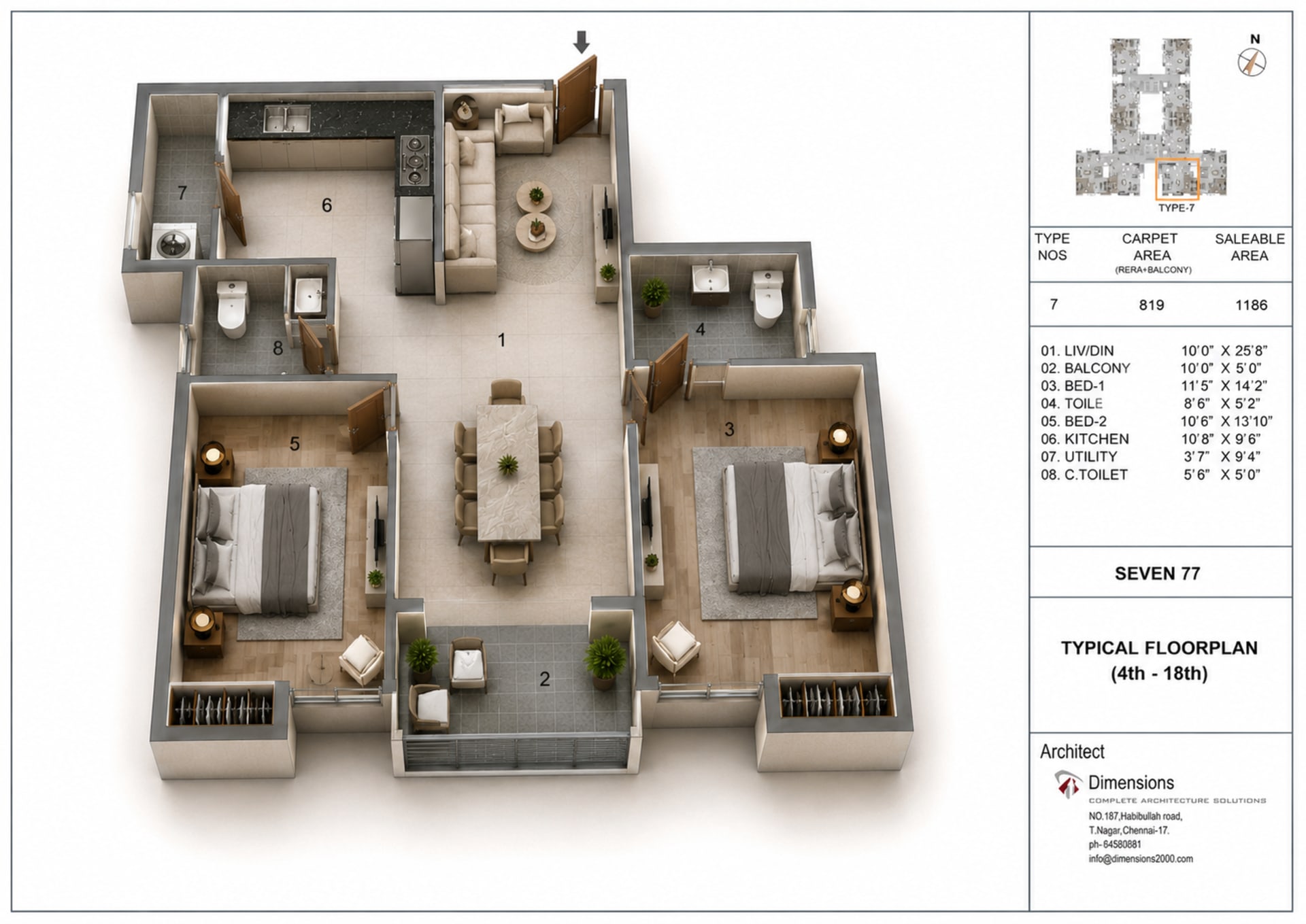 2 BHK Apartment Floor Plan – Jains Seven 77