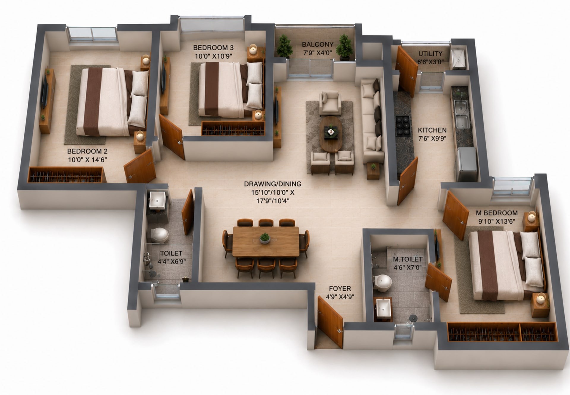 3 BHK Apartment Floor Plan – RLD Altima