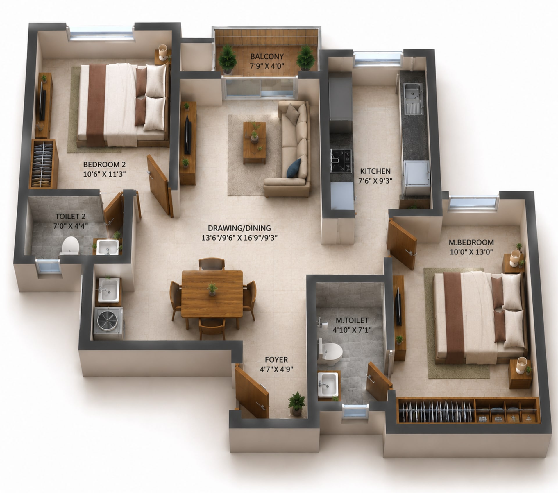 2 BHK Apartment Floor Plan – RLD Altima