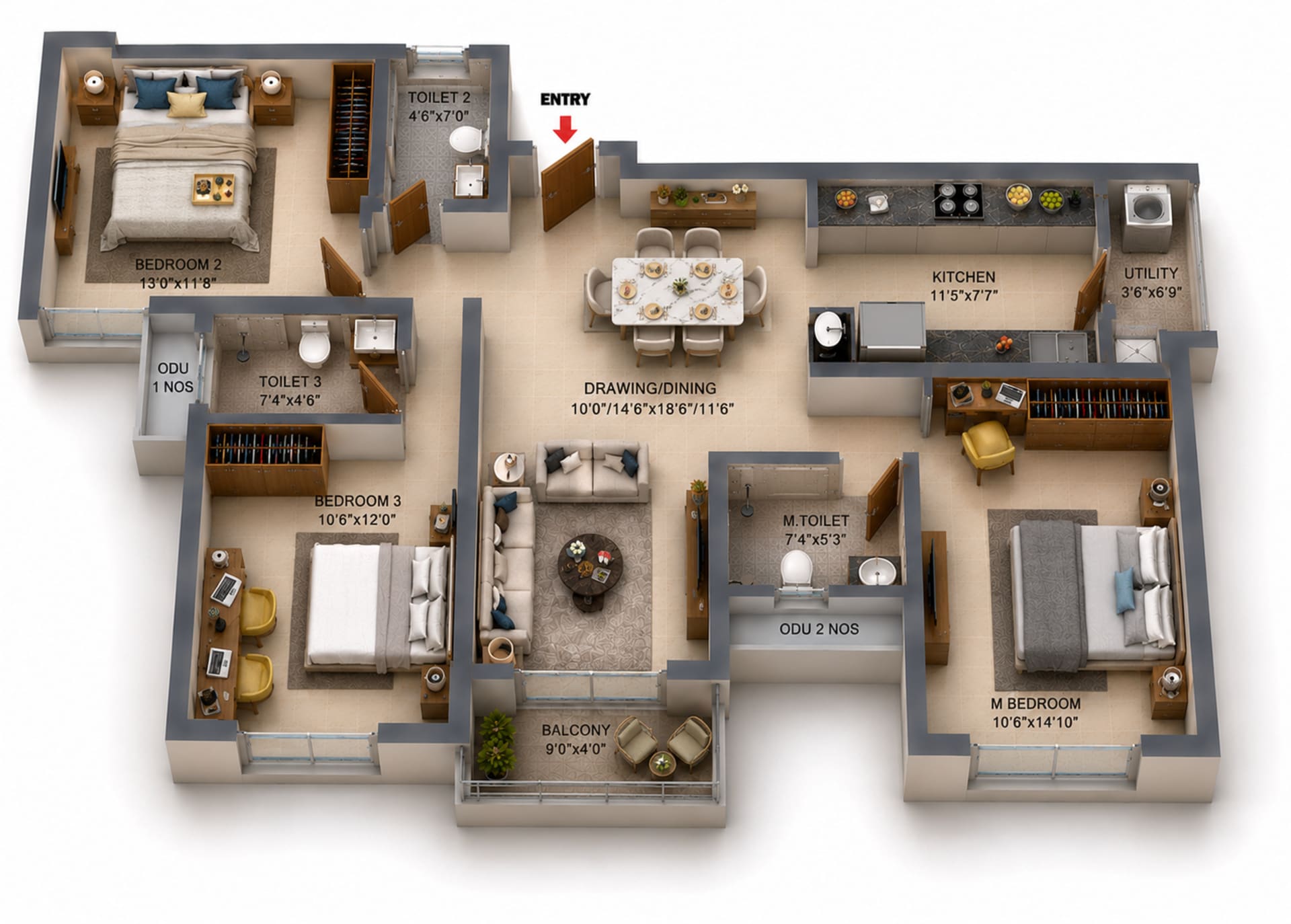 3 BHK Apartment Floor Plan – RLD Altima
