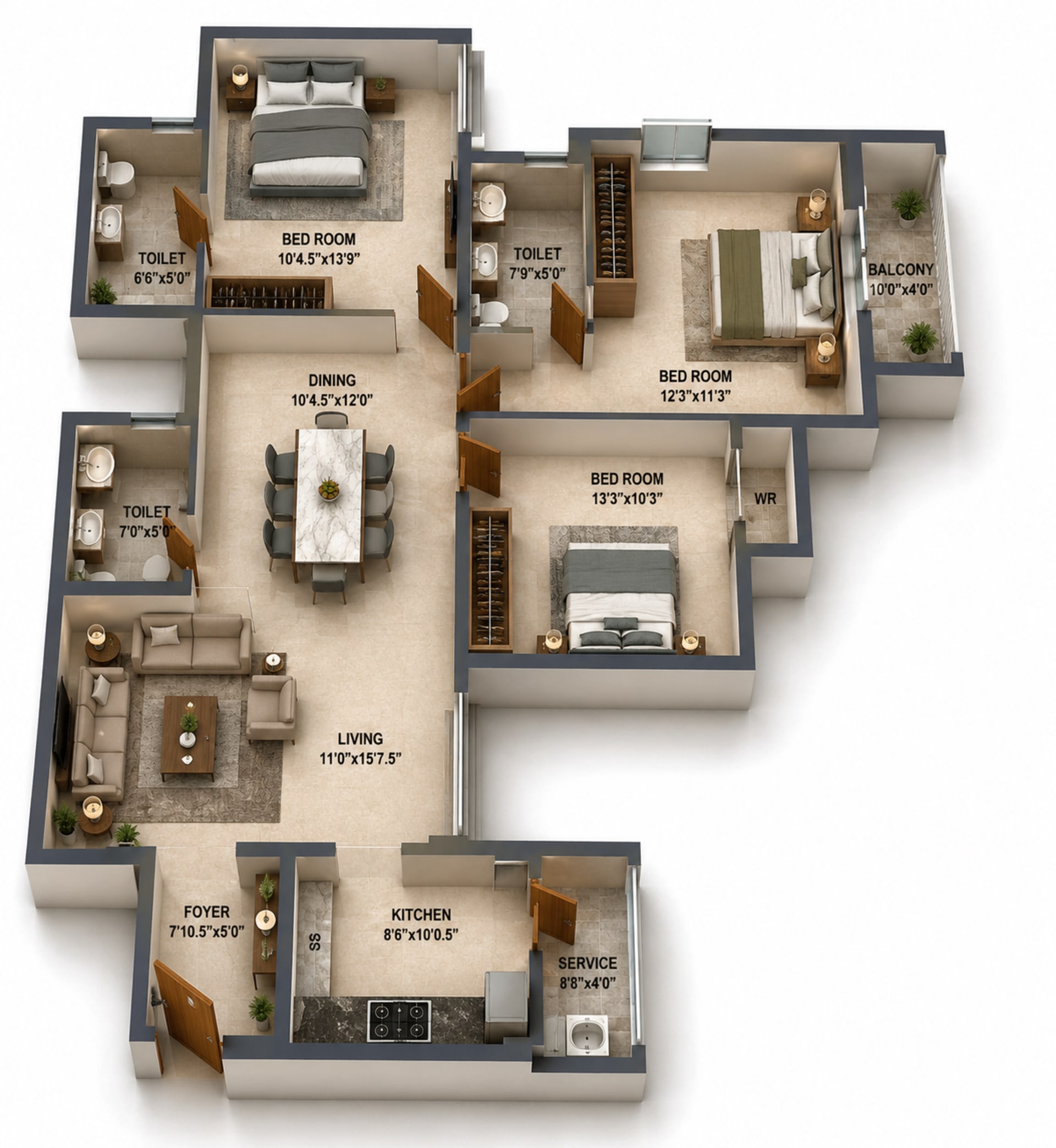 3 BHK Apartment Floor Plan – PS Srijan Nexterra II
