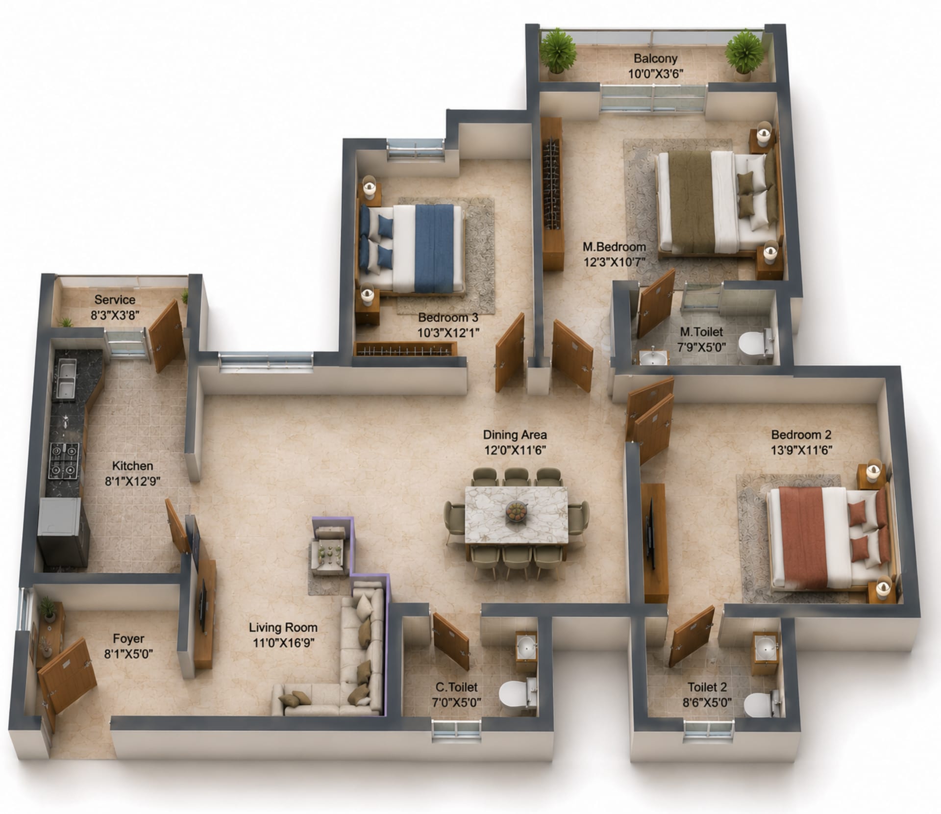 3 BHK Apartment Floor Plan – PS Srijan Nexterra II