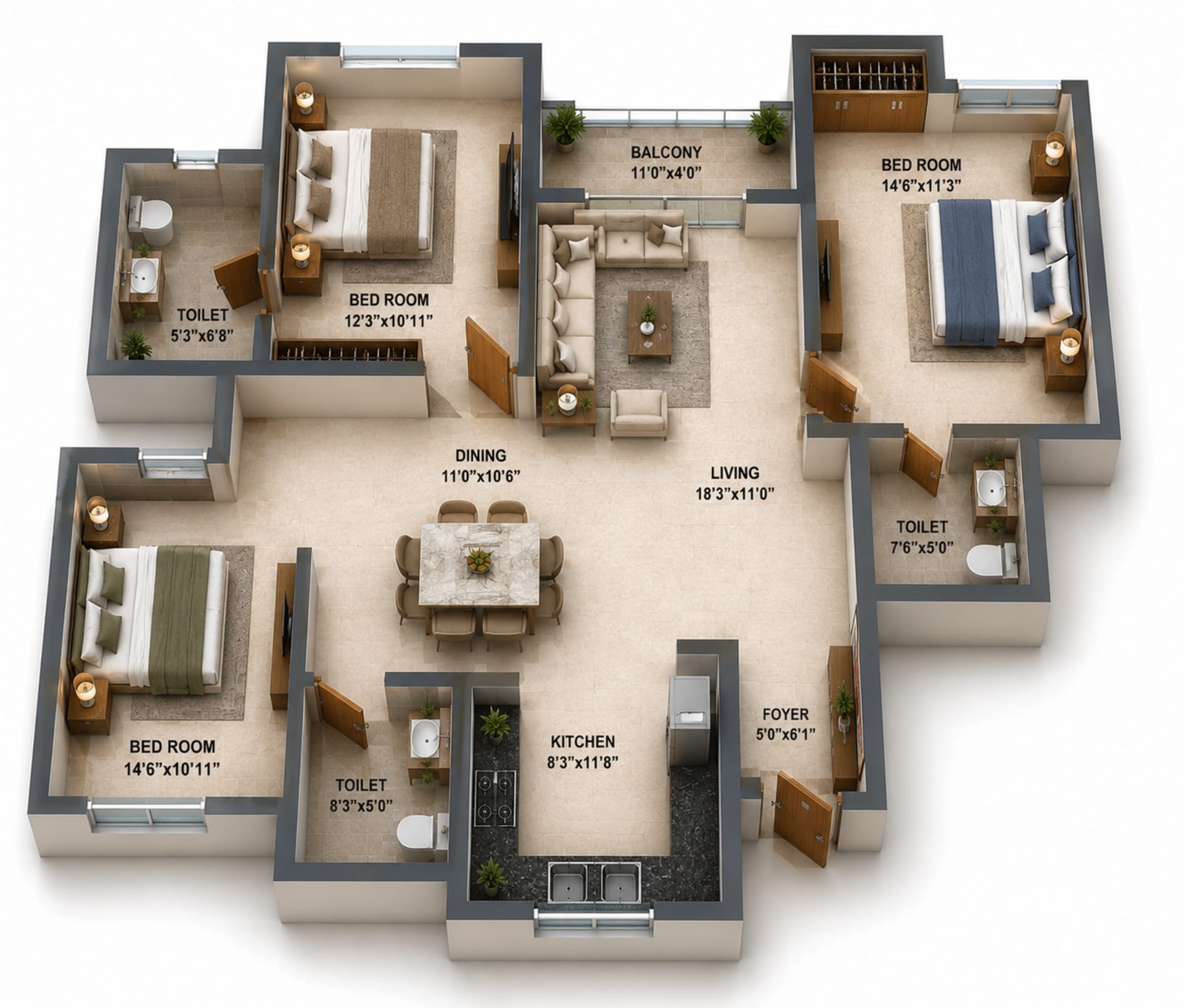 3 BHK Apartment Floor Plan – PS Srijan Nexterra II