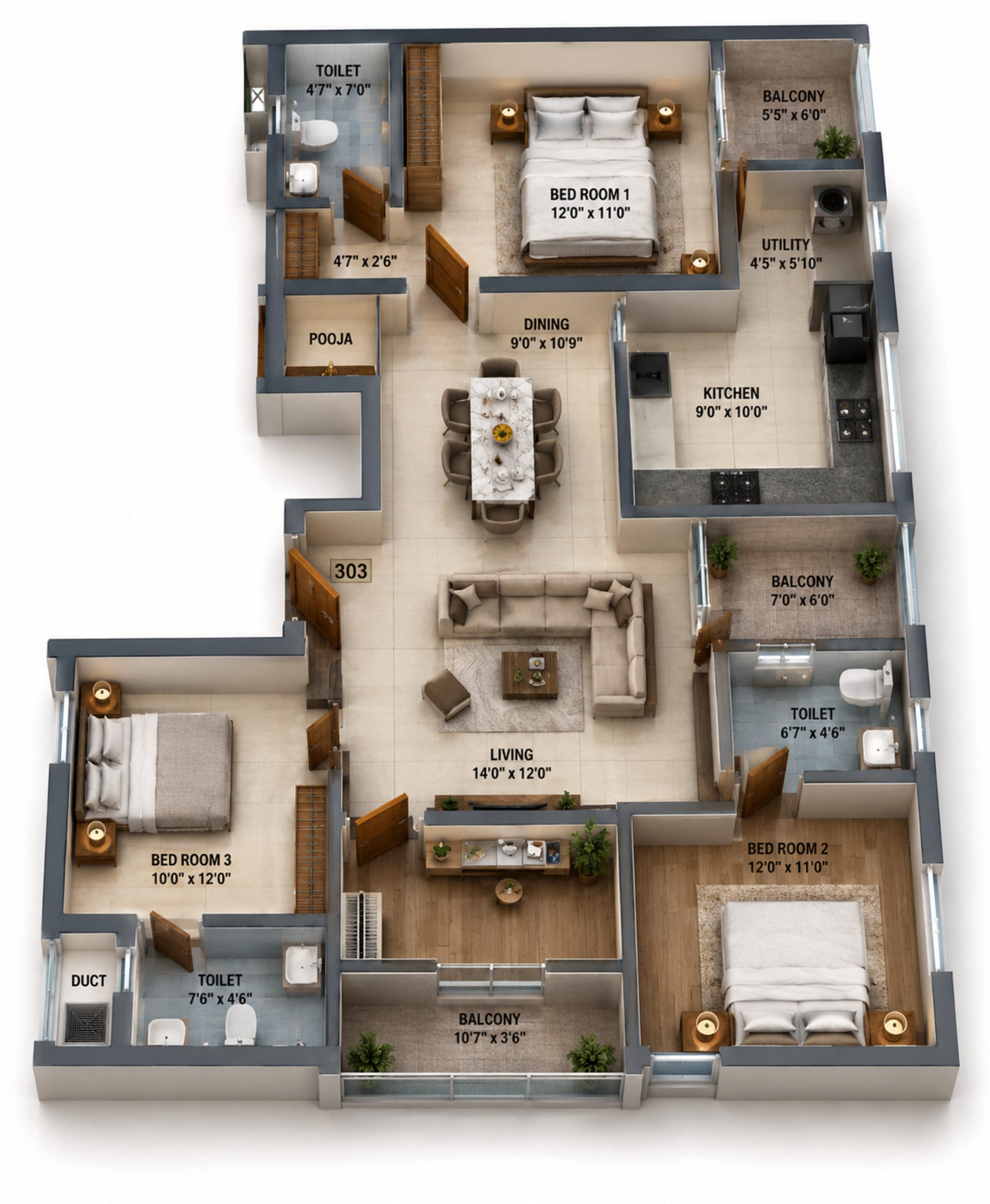 3 BHK Apartment floor plan