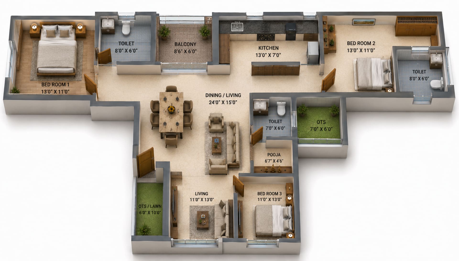 3 BHK Apartment floor plan