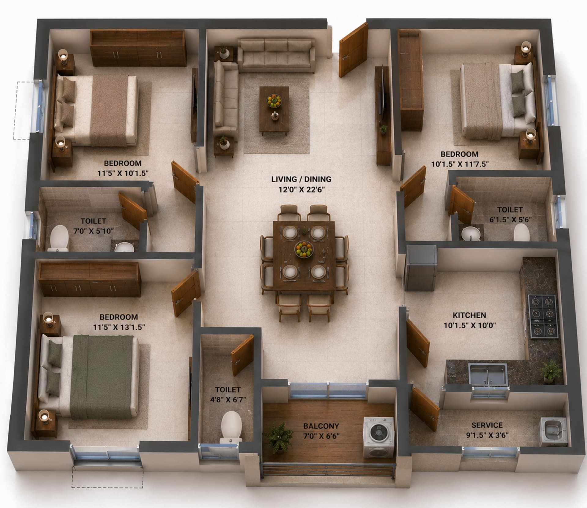 3 BHK Apartment Floor Plan – MP Mavis