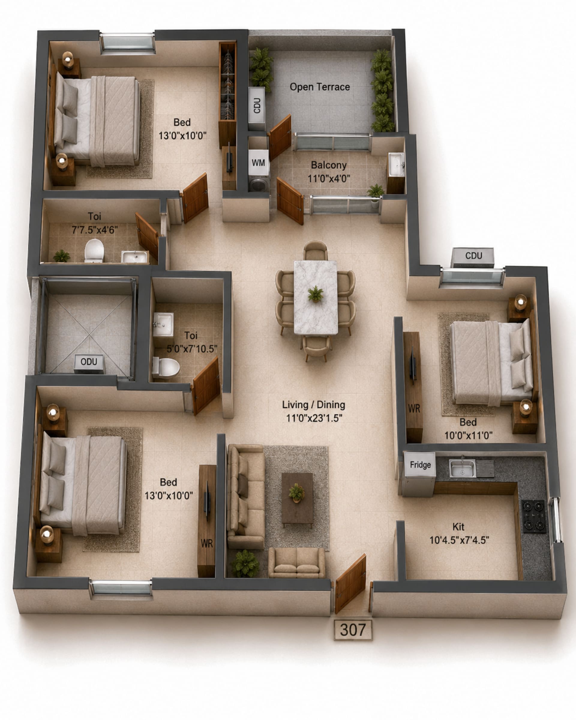 3 BHK Apartment Floor Plan – Shirdi Whitefield Mudra Phase C