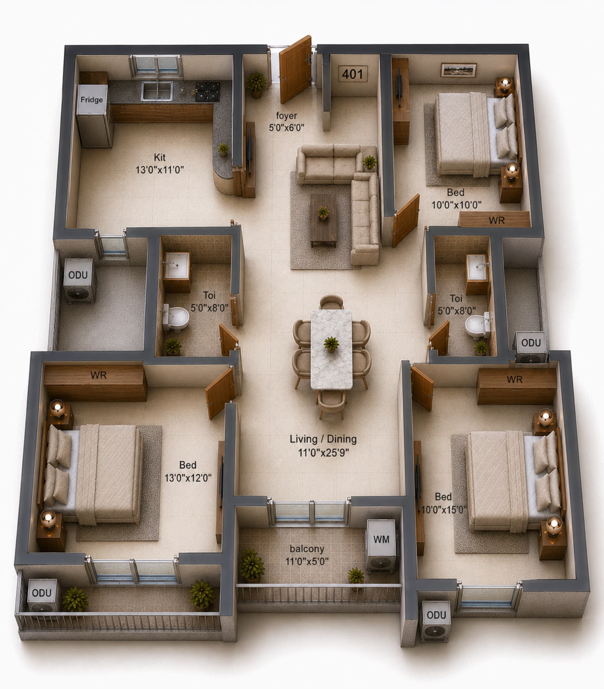 3BHK Apartment Floor Plan – Shirdi Whitefield Mudra Phase C