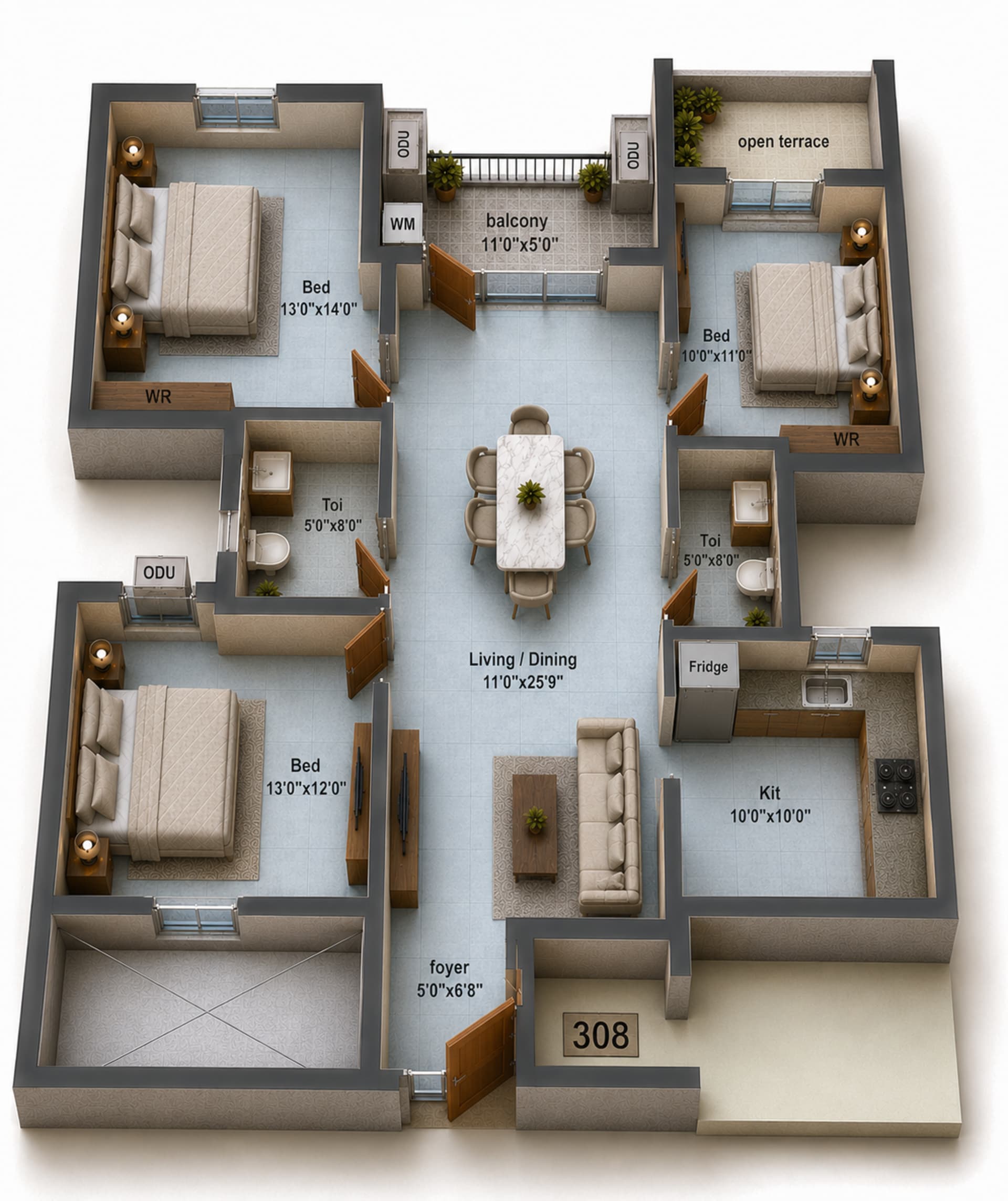 3BHK Apartment Floor Plan – Shirdi Whitefield Mudra Phase C