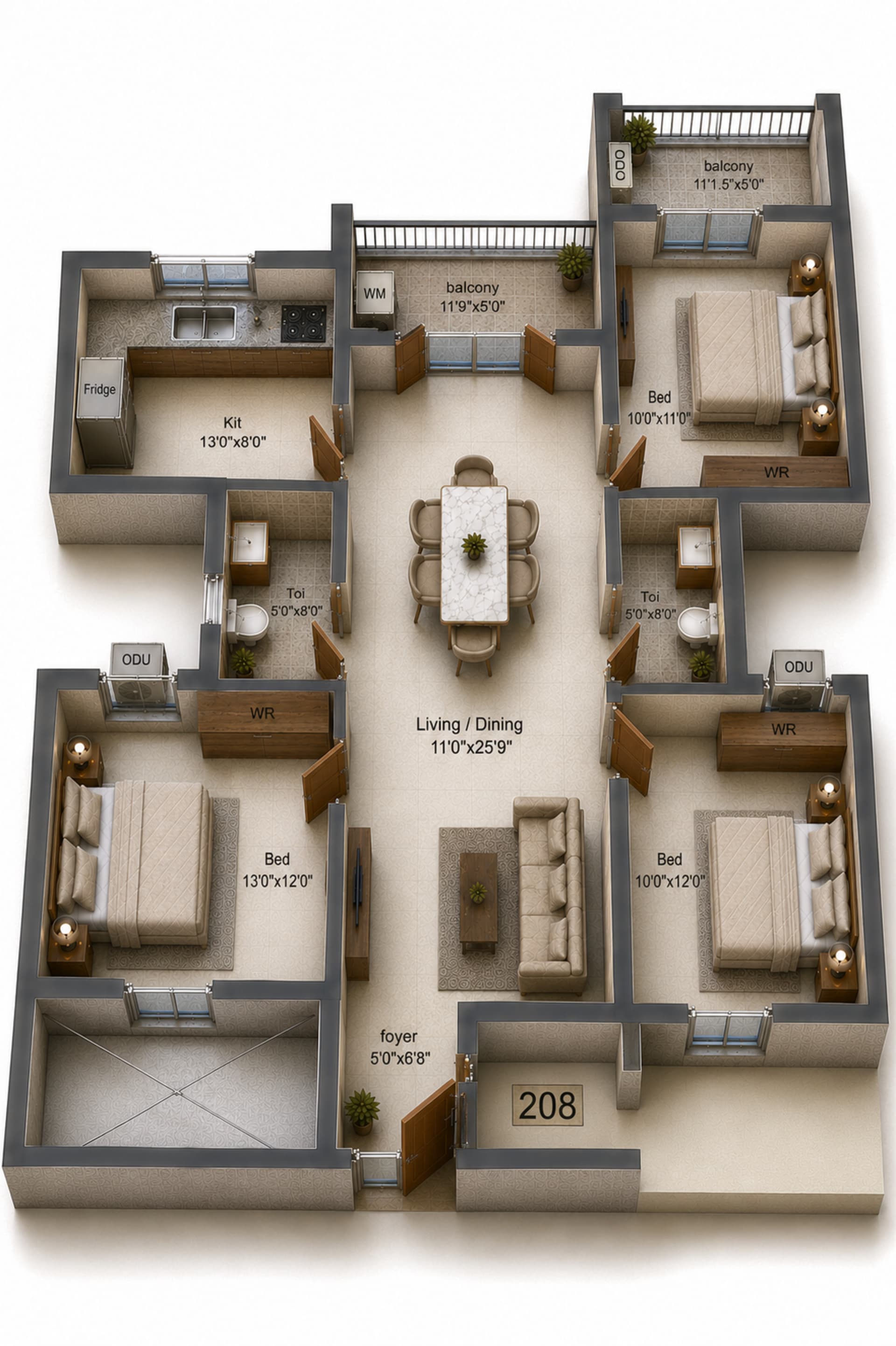 3BHK Apartment Floor Plan – Shirdi Whitefield Mudra Phase C