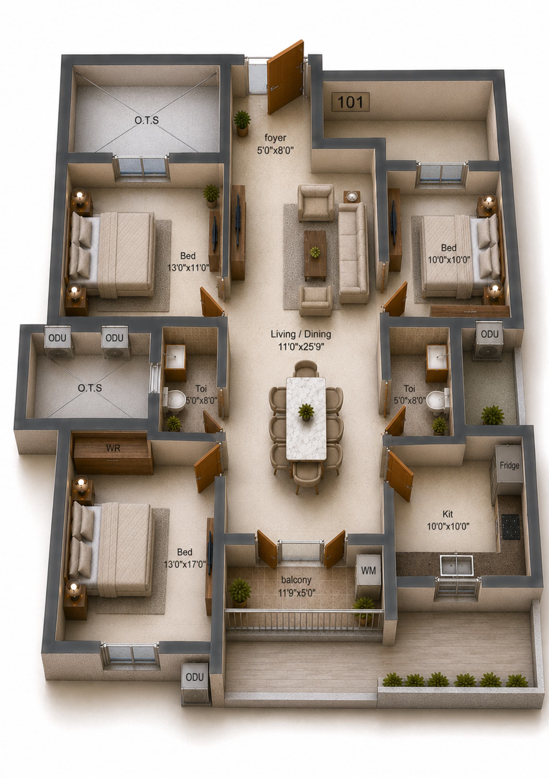 3BHK Apartment Floor Plan – Shirdi Whitefield Mudra Phase C