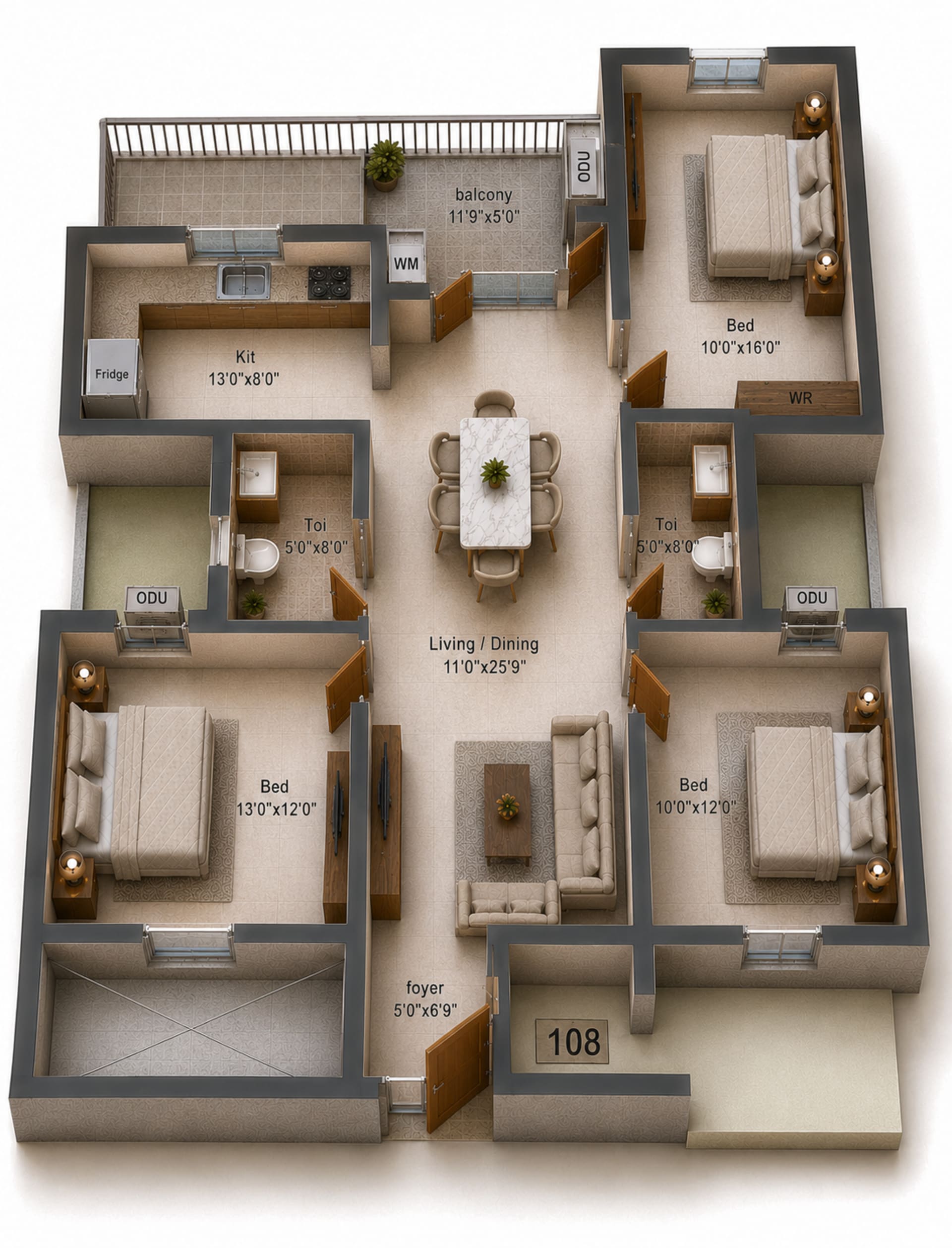 3BHK Apartment Floor Plan – Shirdi Whitefield Mudra Phase C