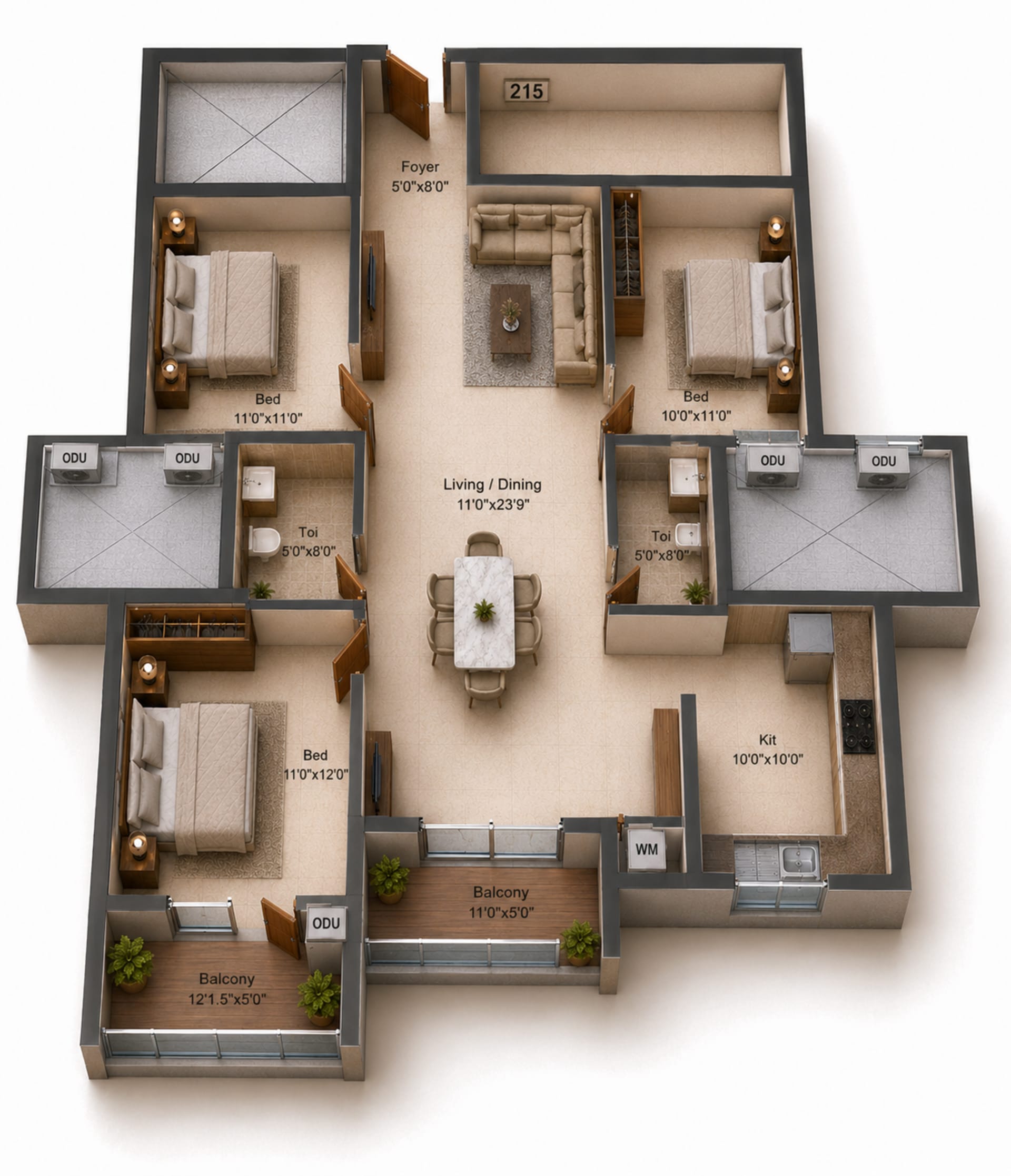 3BHK Apartment Floor Plan – Shirdi Whitefield Mudra Phase C