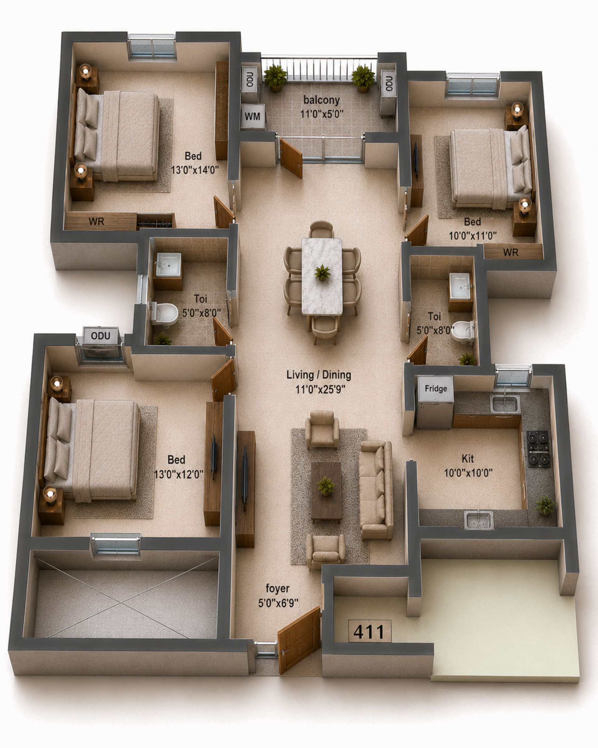 3BHK Apartment Floor Plan – Shirdi Whitefield Mudra Phase C