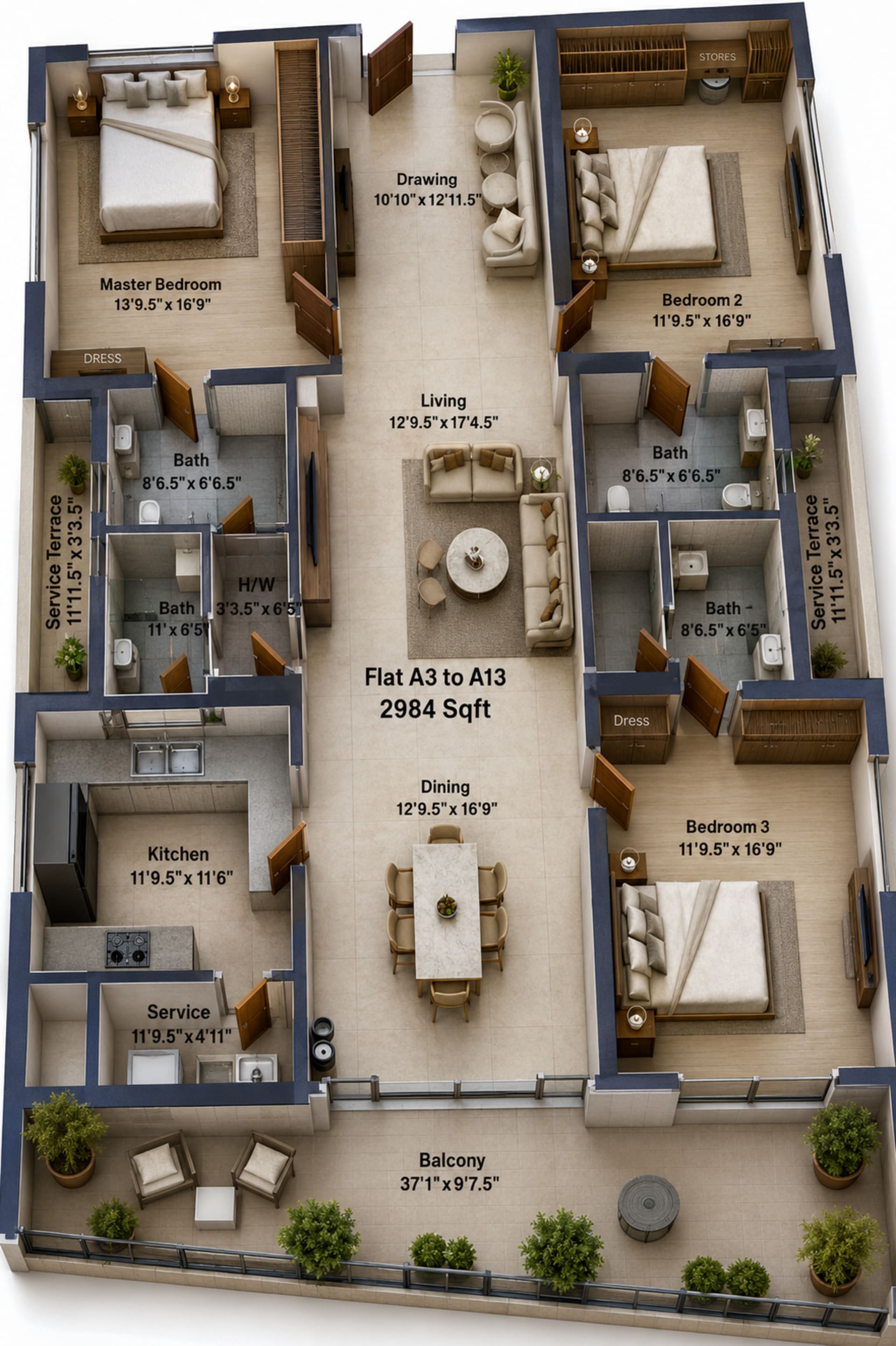 3 BHK Apartment Floor Plan – Rajparis Blue Jewel