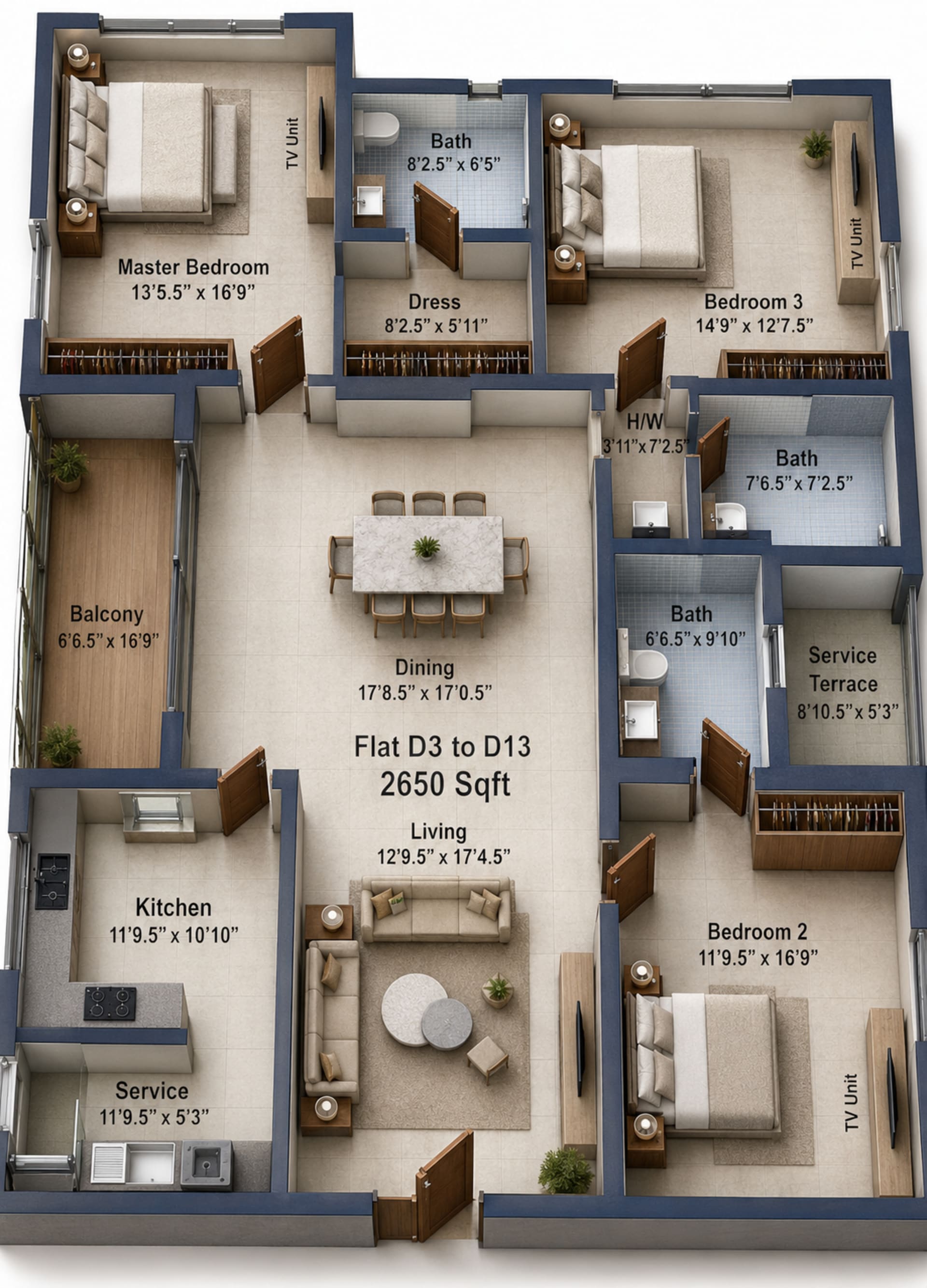 3 BHK Apartment Floor Plan – Rajparis Blue Jewel