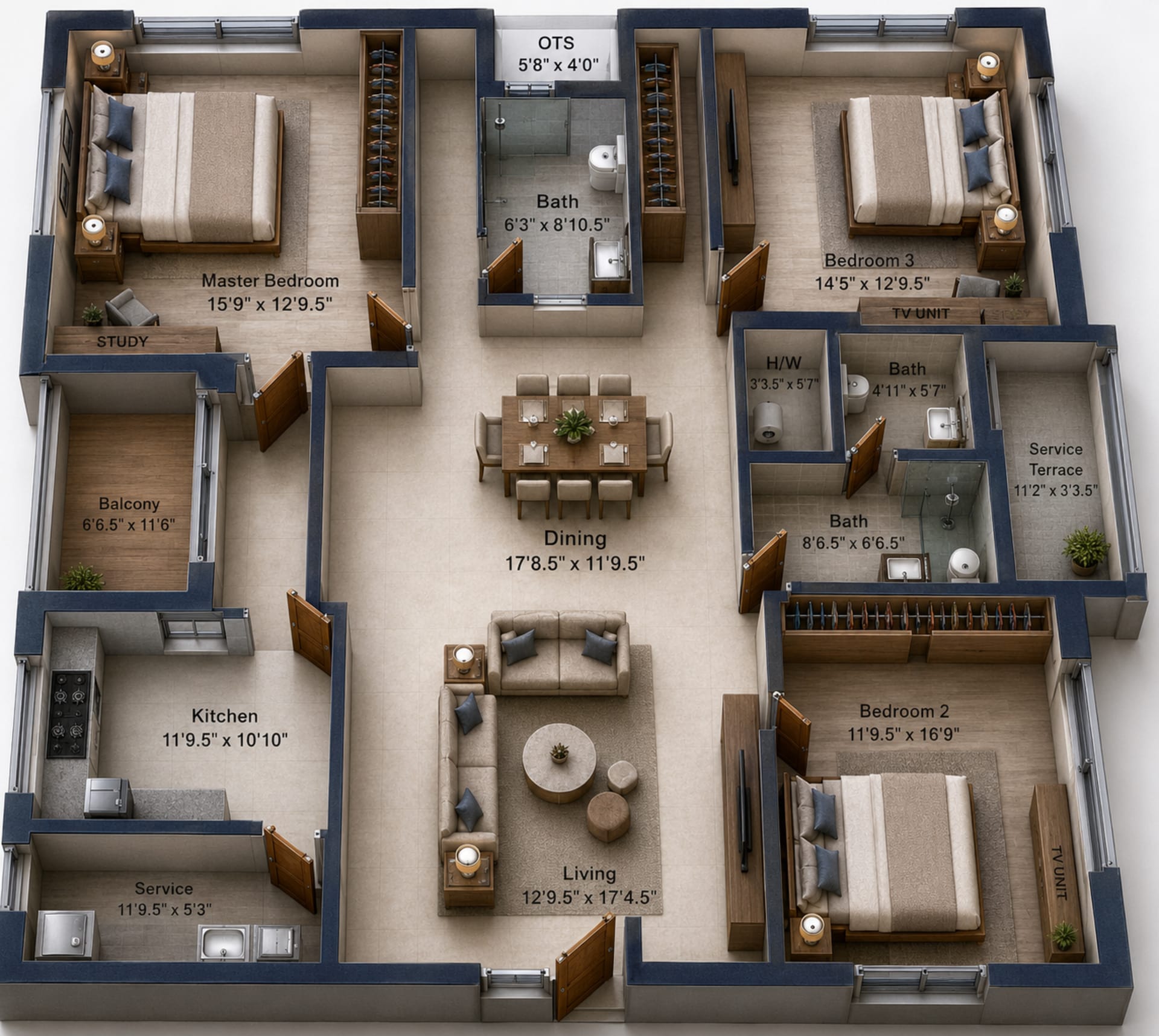 3 BHK Apartment Floor Plan – Rajparis Blue Jewel