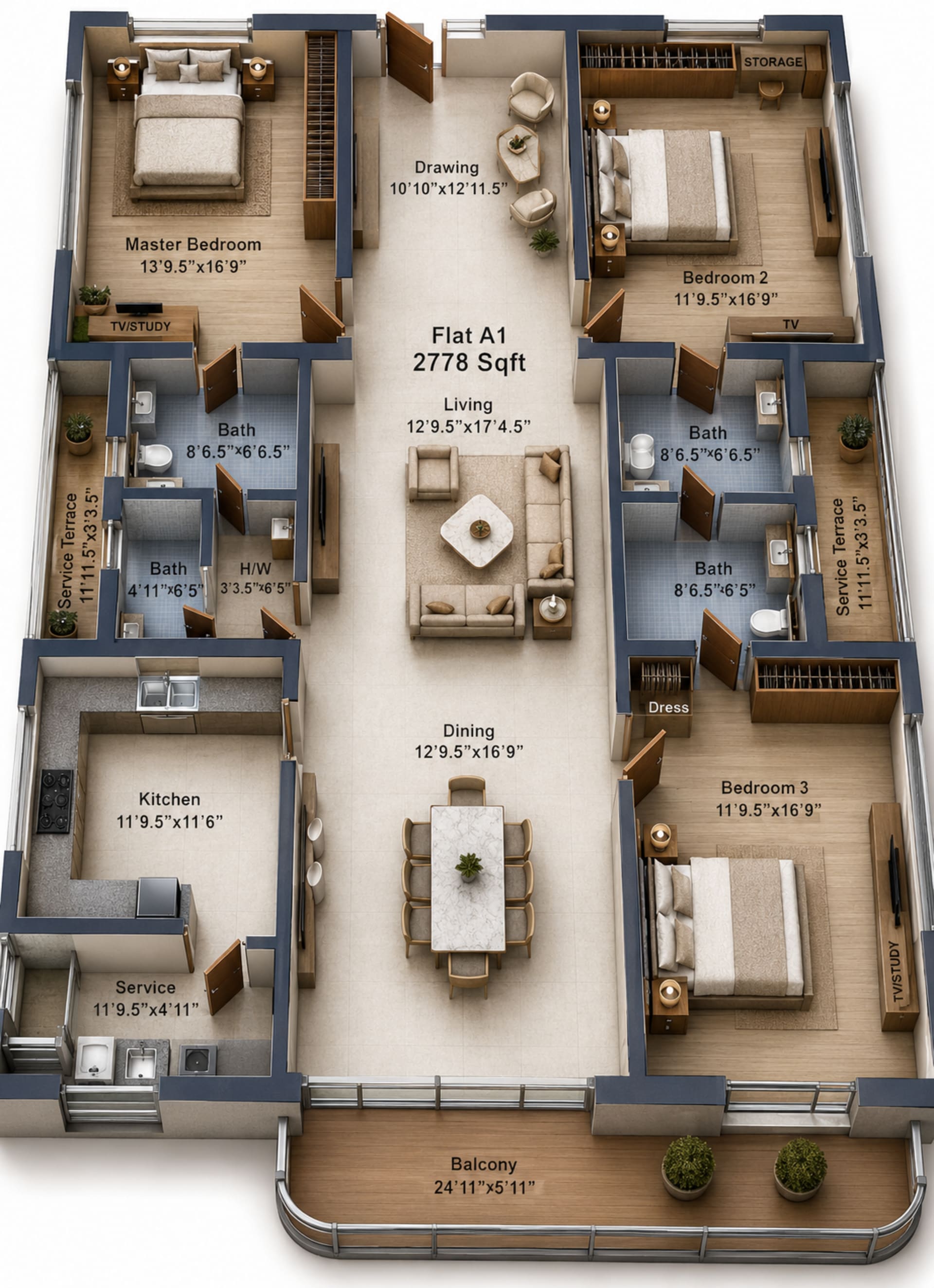 3 BHK Apartment Floor Plan – Rajparis Blue Jewel