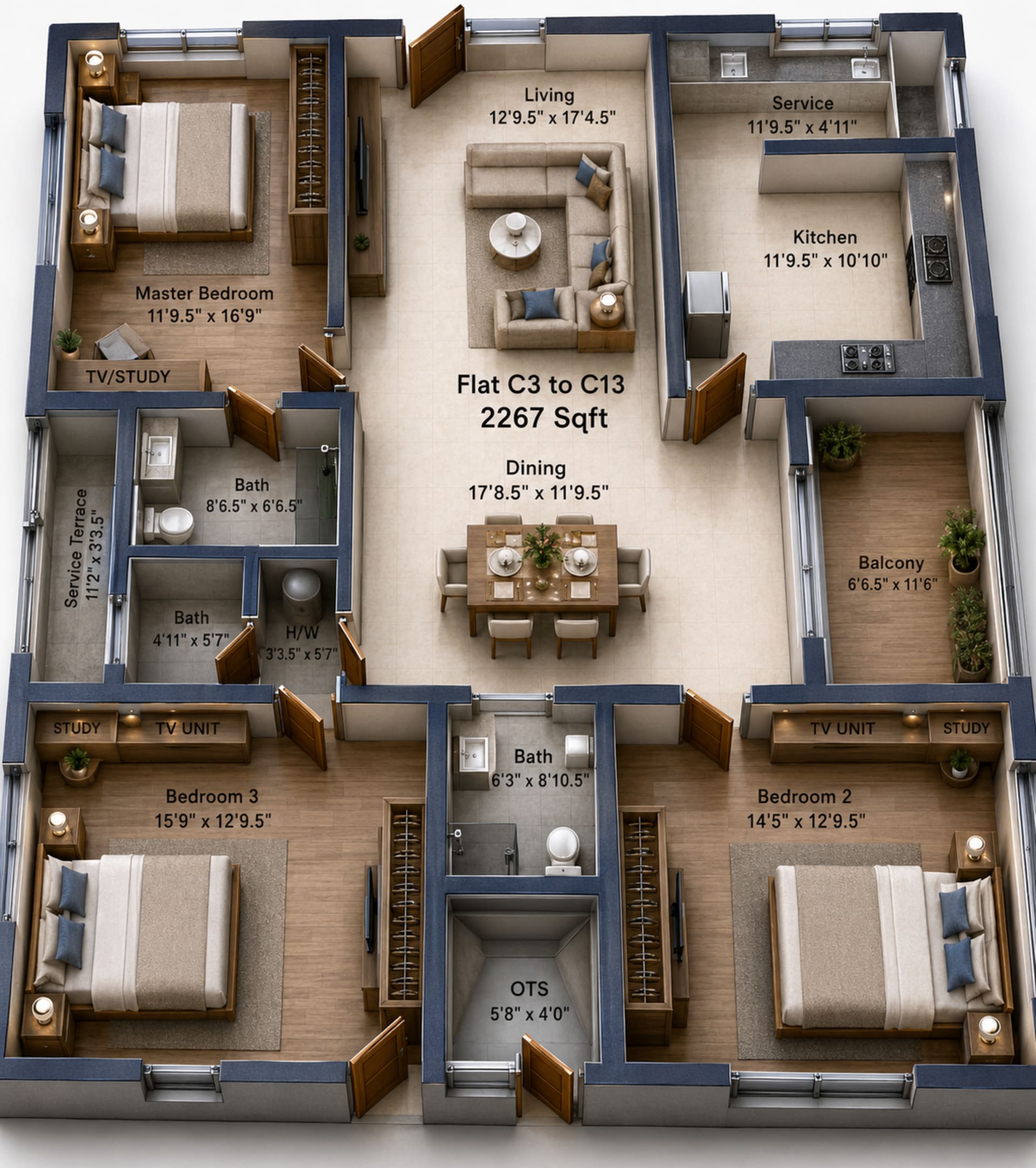 3 BHK Apartment Floor Plan – Rajparis Blue Jewel