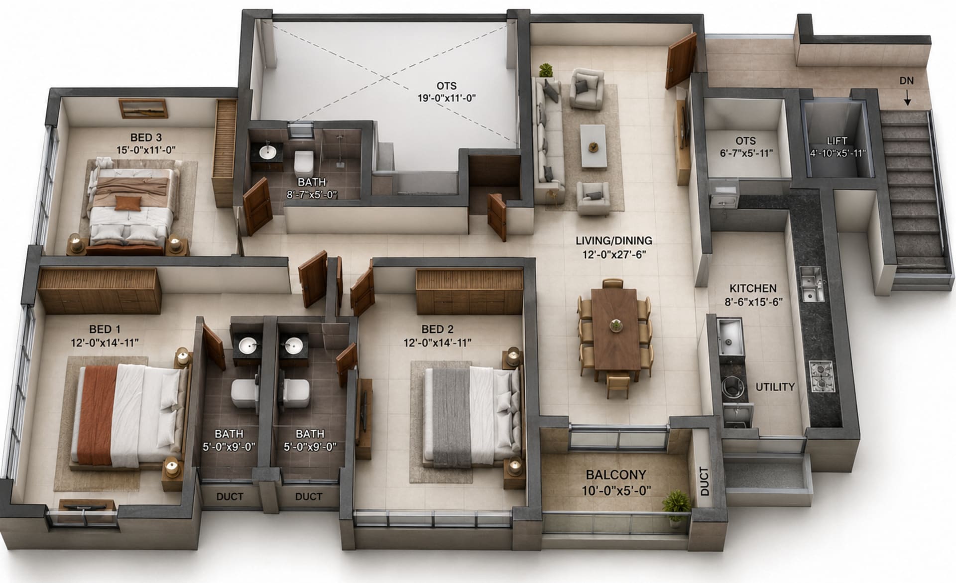 3 BHK Apartment Floor Plan – Casagrand Wesley