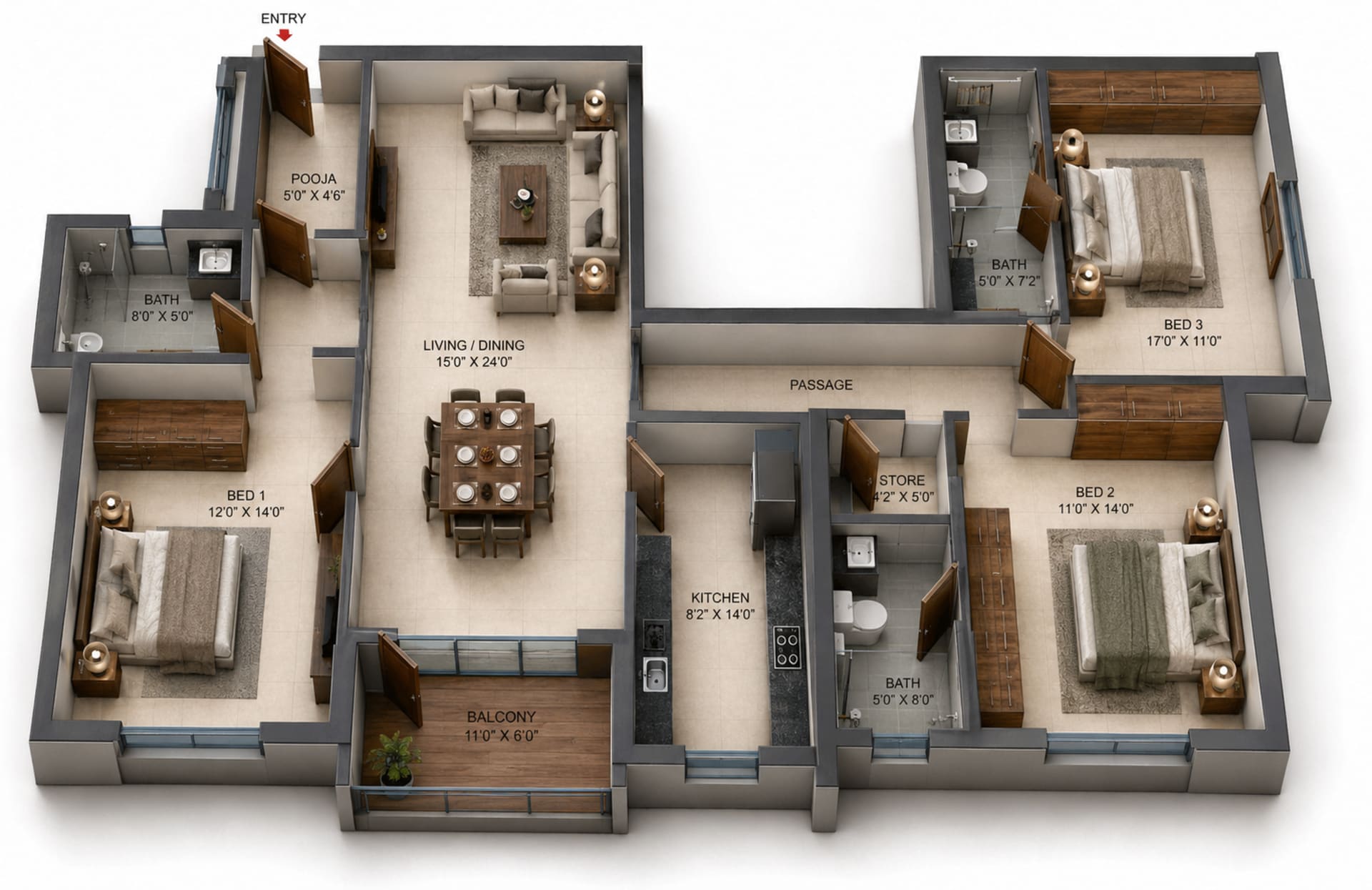 3 BHK Apartment Floor Plan – Casagrand Ventra