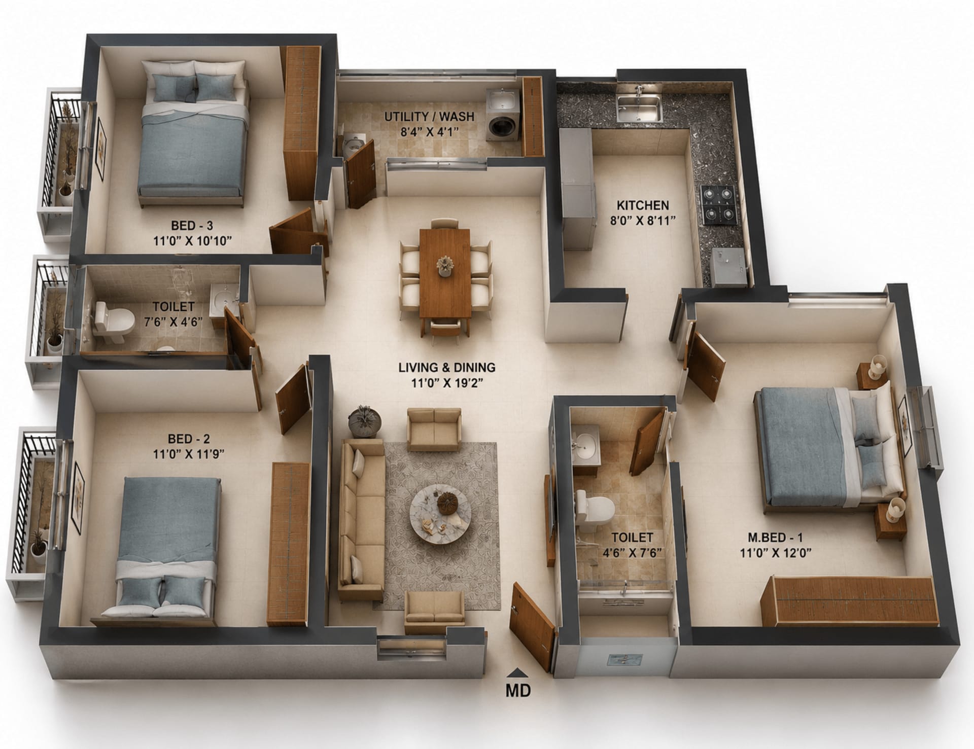 3BHK Apartment Floor Plan – DAC Madison