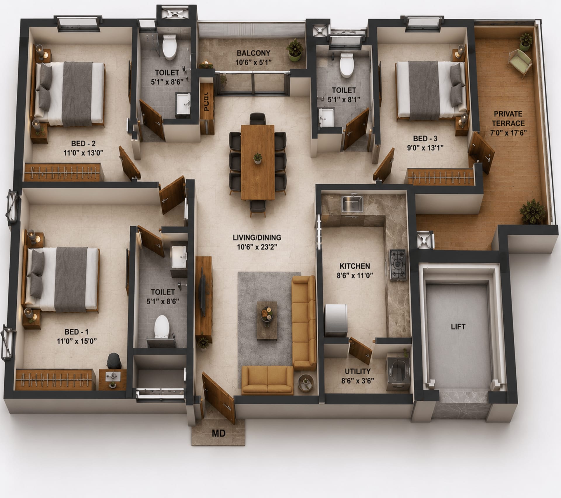 3BHK Apartment Floor Plan – DAC Cambridge