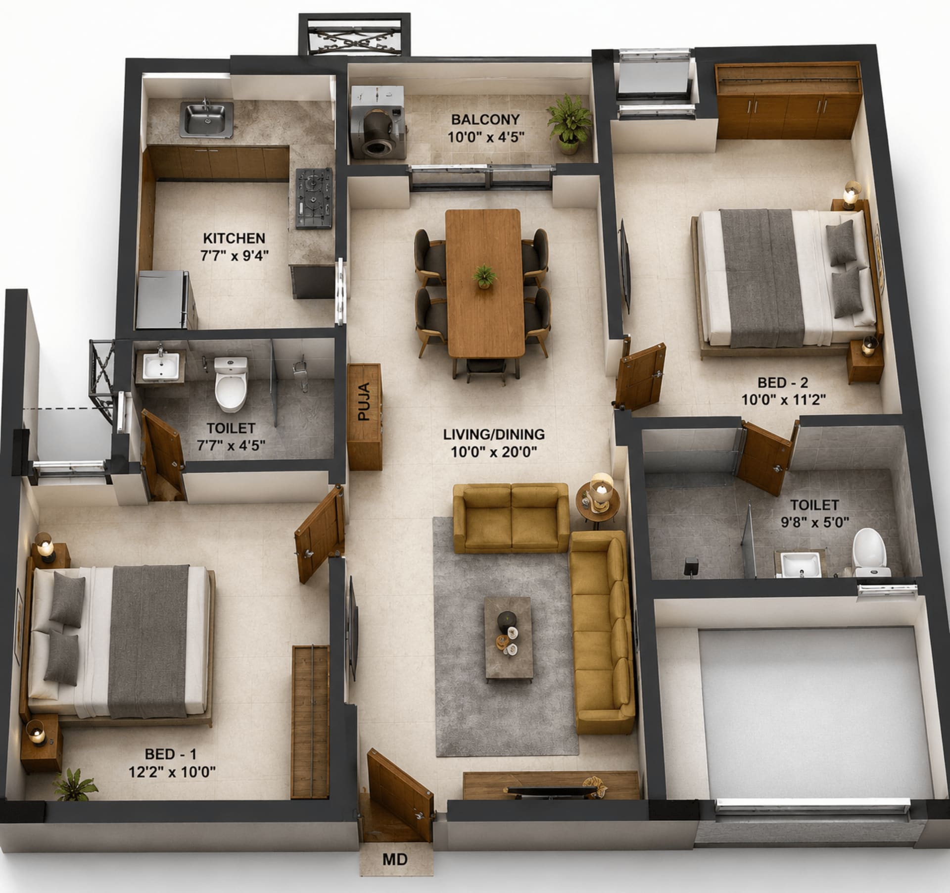 2BHK Apartment Floor Plan – DAC Cambridge