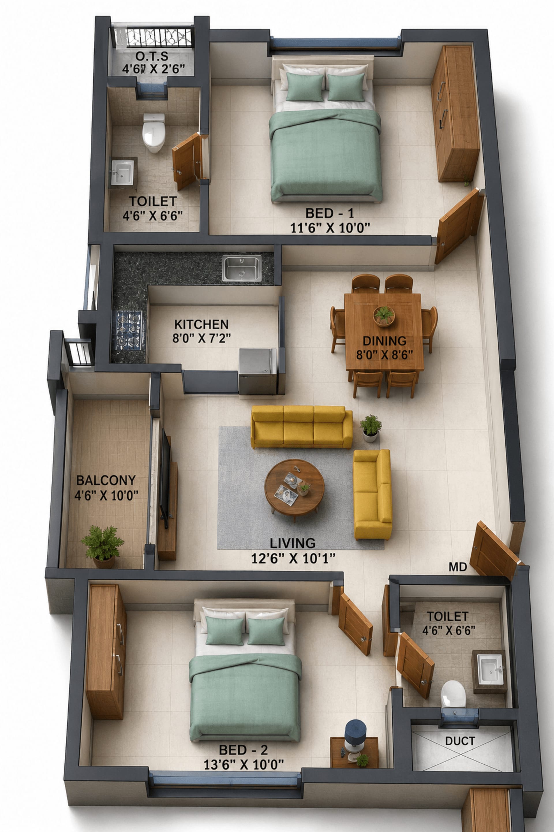 2BHK Apartment Floor Plan – DAC Luxe